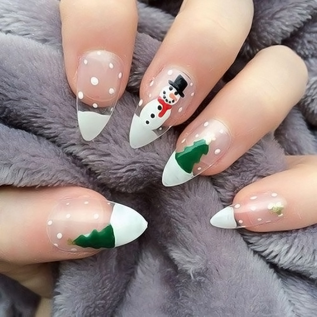 Transparent nails with a snow theme.