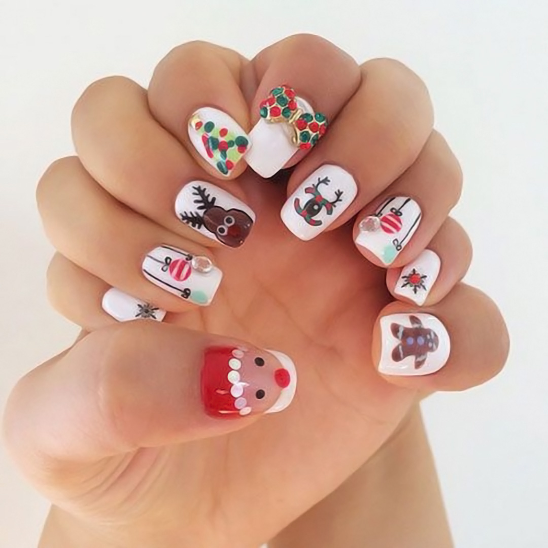 Nails with many different holiday season designs on each nail.