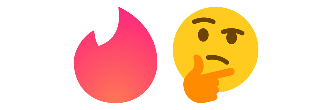 A Tinder flame logo and a thinking emoji.